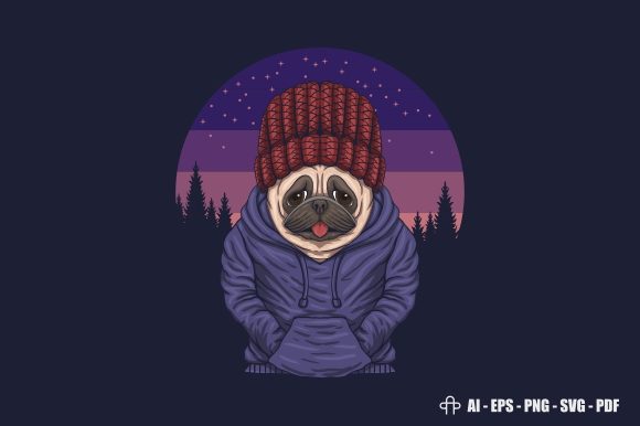 Pug Dog Night Vector Illustration
